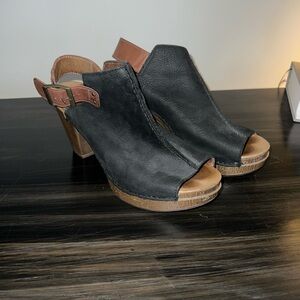 Dansko Black and Brown Peep-Toe Mules